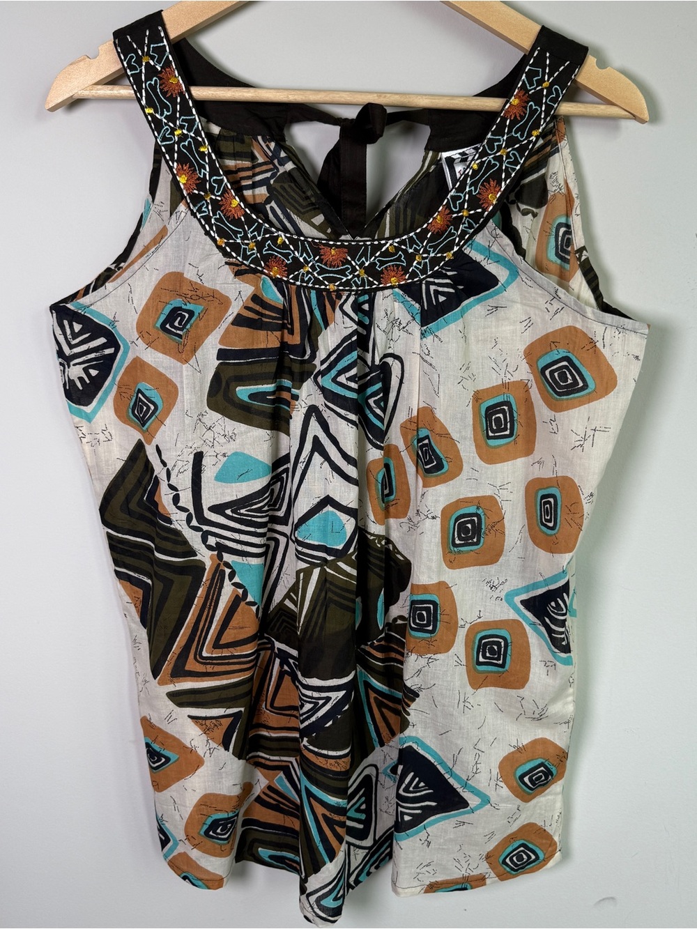 Take Two Clothing Co Vintage Tribal Geo Print Embroidered Sleeveless Blouse L